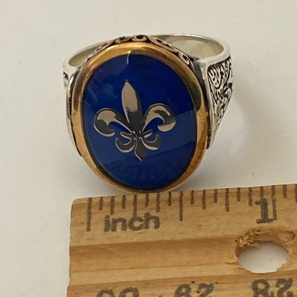 925 Sterling silver fleur de lis blue ring